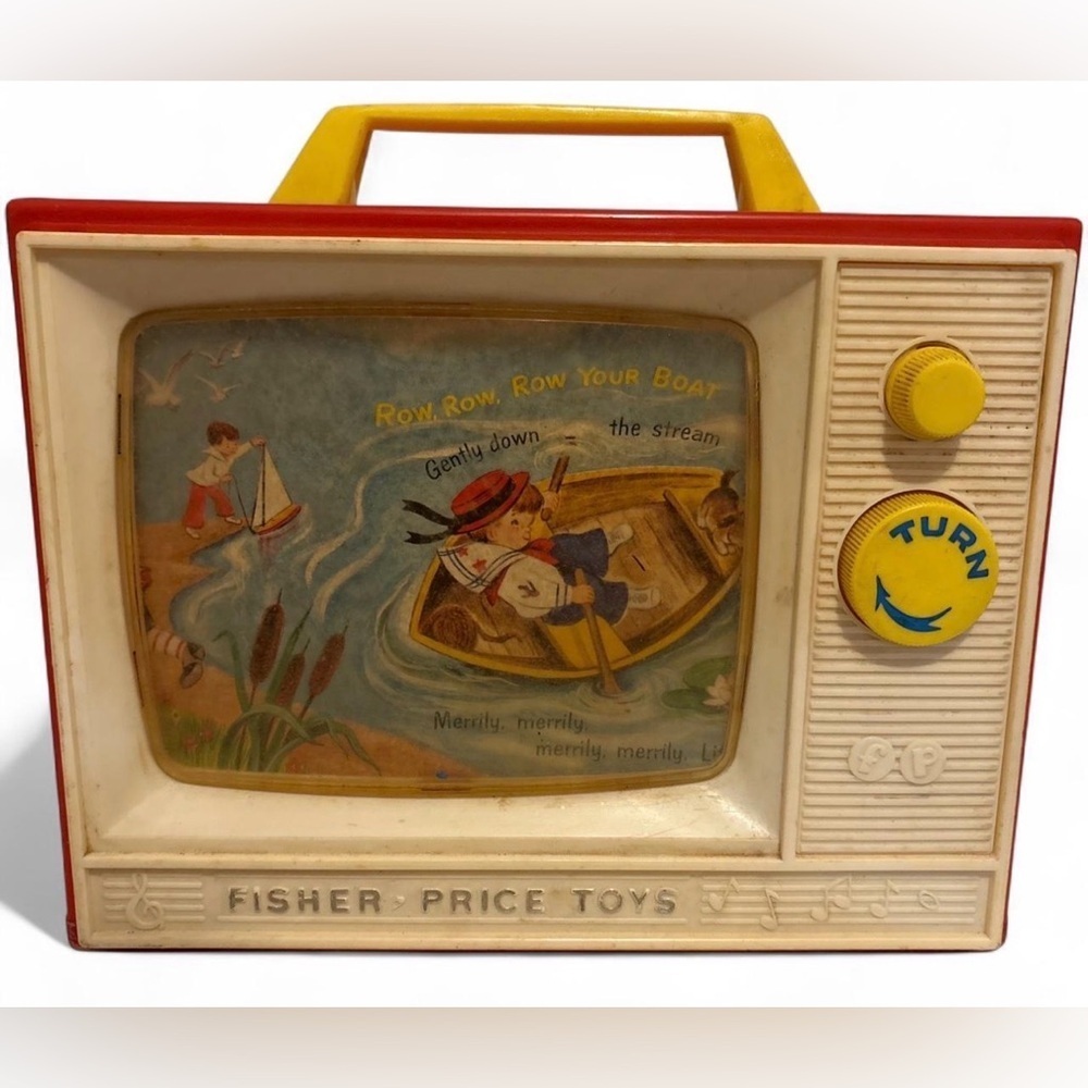 Vintage 1964 Fisher Price Two Tune Music Box TV #114 Row Row Boat Works